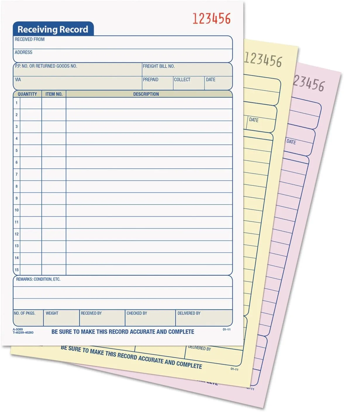TOPS 46260 Receiving Record Book, 5 1/2 x 7 7/8, Three-Part Carbonless, 50 Sets/Book