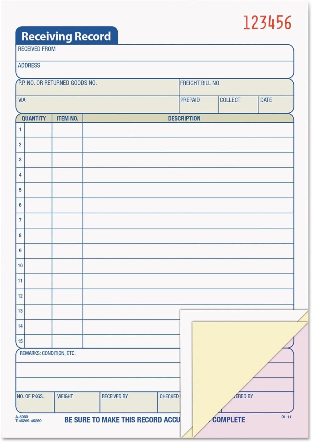 TOPS 46260 Receiving Record Book, 5 1/2 x 7 7/8, Three-Part Carbonless, 50 Sets/Book