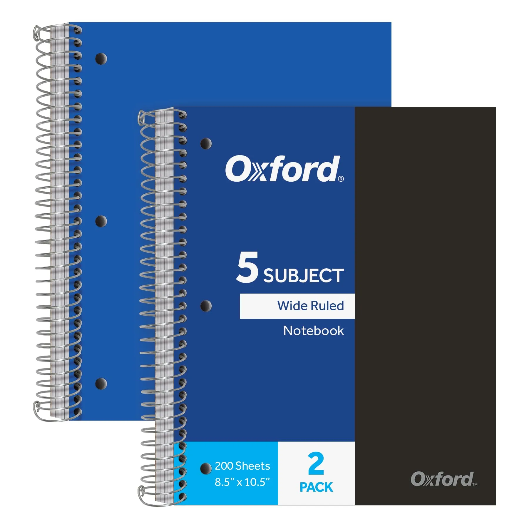 Oxford 5-Subject Spiral Notebooks, Wide Ruled, 200 Sheets, 2-Pack (10387)