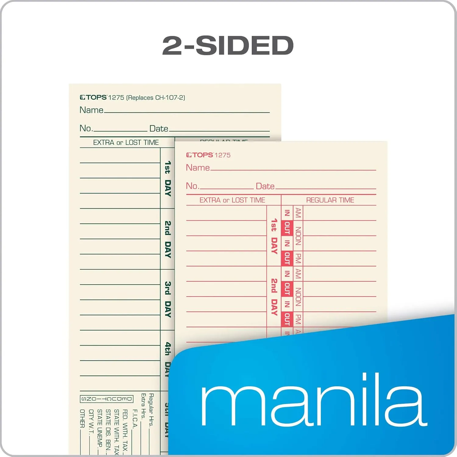 TOPS Time Cards, Bi-Weekly, 2-Sided, Numbered Days, 3-1/2" x 9", Manila, Green/Red Print, 500-Count (1275)