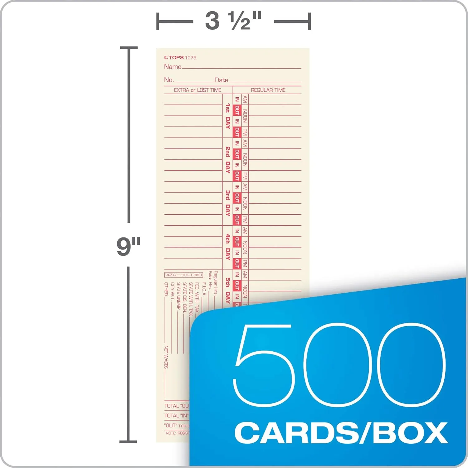 TOPS Time Cards, Bi-Weekly, 2-Sided, Numbered Days, 3-1/2" x 9", Manila, Green/Red Print, 500-Count (1275)
