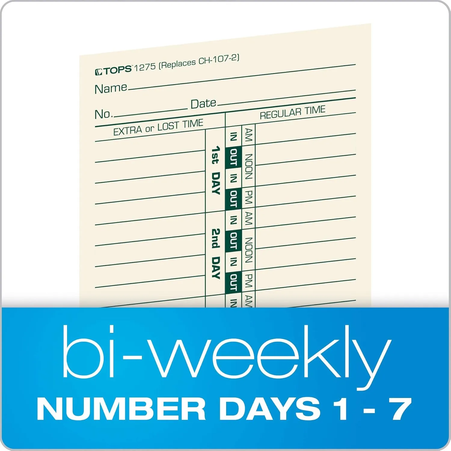 TOPS Time Cards, Bi-Weekly, 2-Sided, Numbered Days, 3-1/2" x 9", Manila, Green/Red Print, 500-Count (1275)