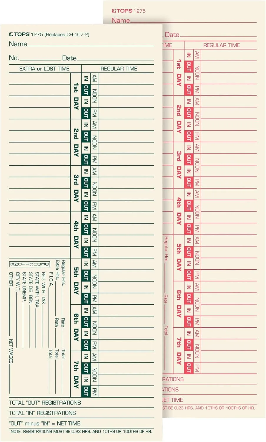 TOPS Time Cards, Bi-Weekly, 2-Sided, Numbered Days, 3-1/2" x 9", Manila, Green/Red Print, 500-Count (1275)
