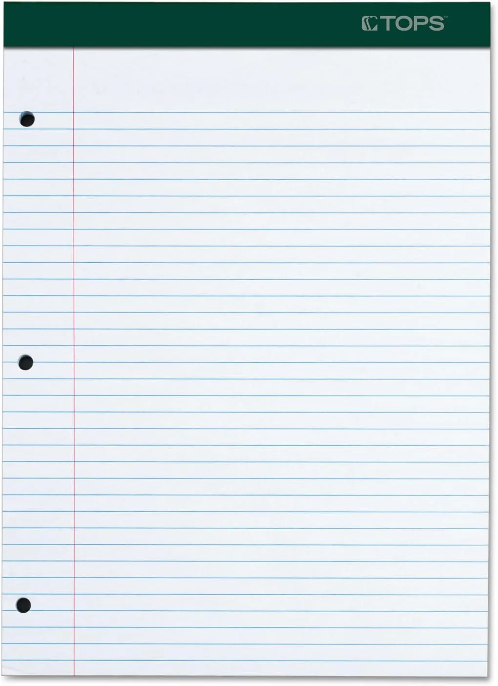 TOPS Docket Writing Pad, 8-1/2" x 11-3/4", College Rule, White Paper, 3-Hole Punched, 100 Sheets (63384)