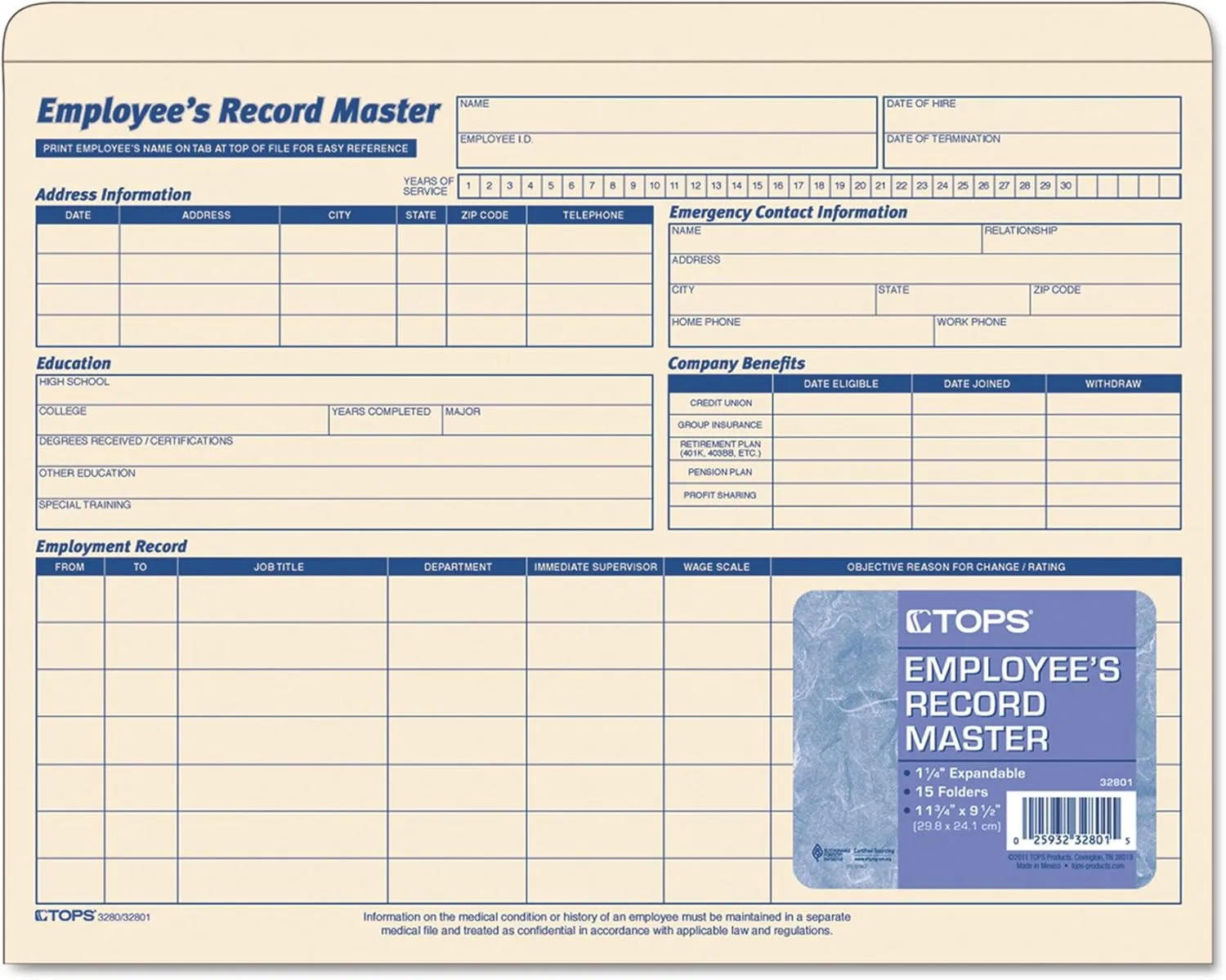 TOPS Employee Record Master File Jacket, 1-1/4 Inch Expandable, 11.75 x 9.5 Inches, Manila, 15-Pack (32801)