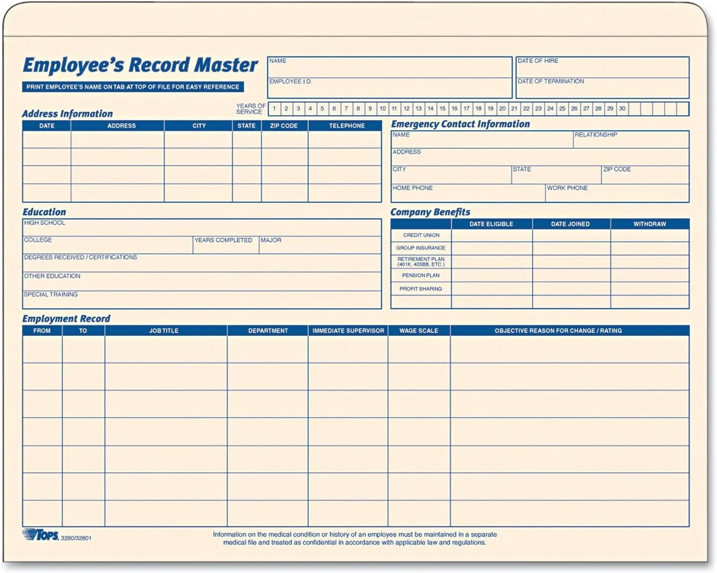 TOPS Employee Record Master File Jacket, 1-1/4 Inch Expandable, 11.75 x 9.5 Inches, Manila, 15-Pack (32801)