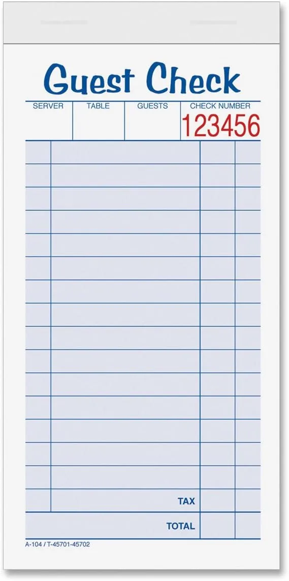 TOPS Guest Check Books, 2-Part, Carbonless, White/Canary, 3-11/32" x 6-3/8", 50 Sets/Pad, 10 Pads/Pack (45702)