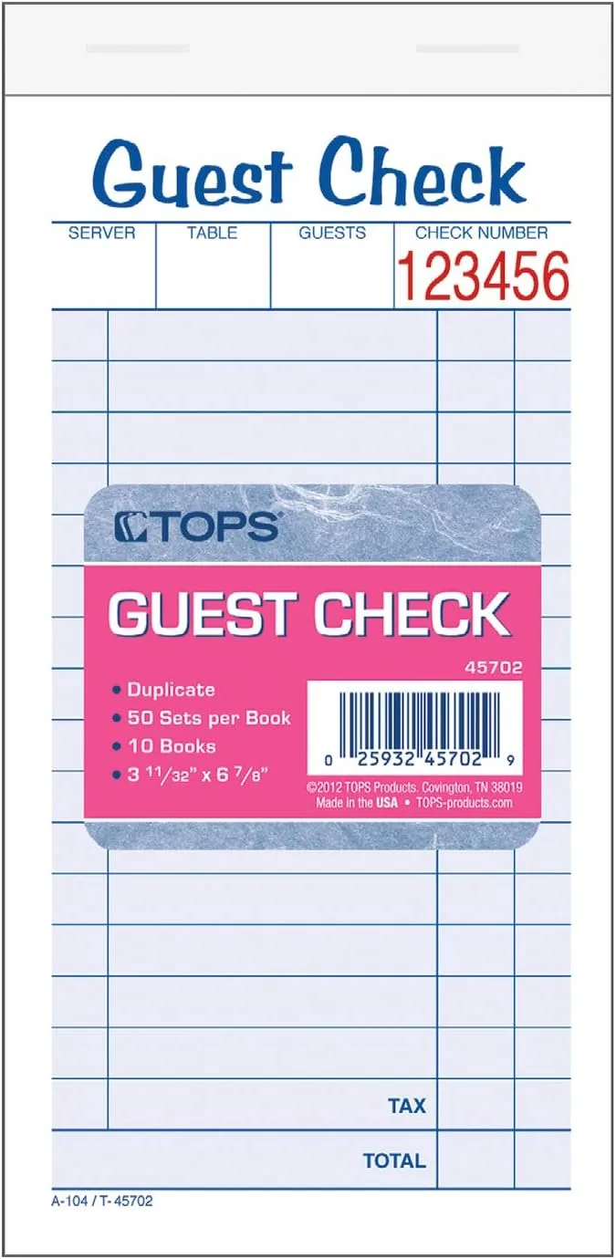 TOPS Guest Check Books, 2-Part, Carbonless, White/Canary, 3-11/32" x 6-3/8", 50 Sets/Pad, 10 Pads/Pack (45702)