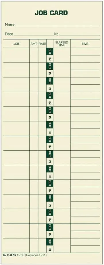 TOPS Job Cards (Replaces L-61, 15-800622), 1-Sided, 3-1/2" x 9", Manila, Green Print, 500-Count (1258)