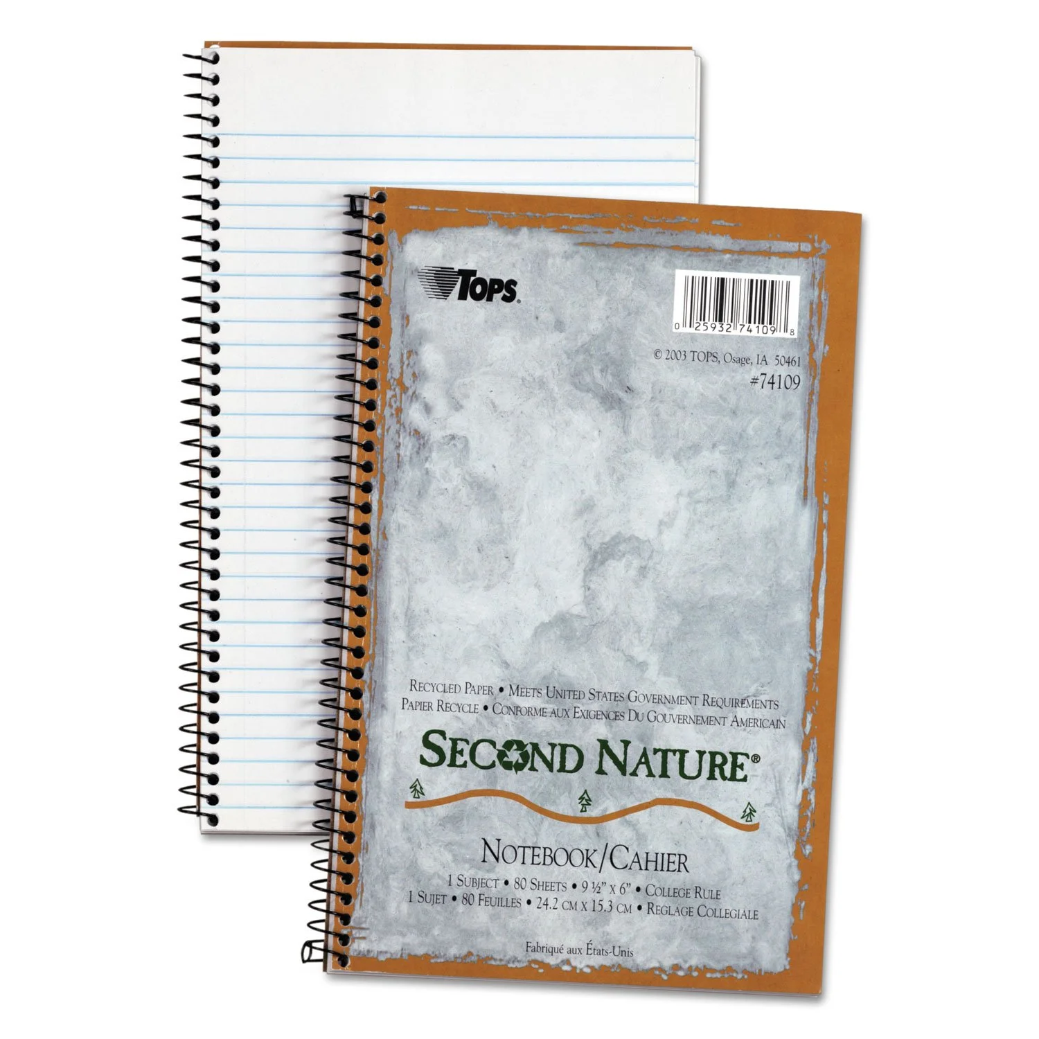 TOPS Second Nature Notebook, 9.5 x 6 Inch, College Ruled, 100% Recycled, 80 Sheets, Grey (74109)
