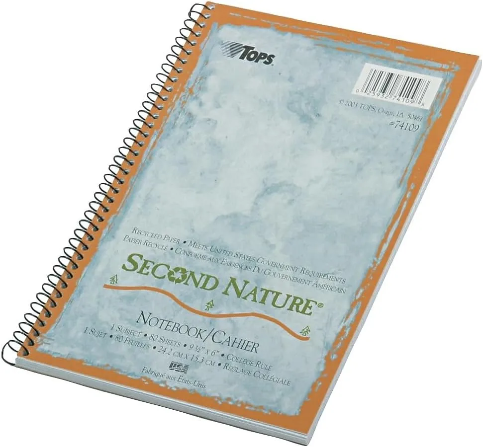 TOPS Second Nature Notebook, 9.5 x 6 Inch, College Ruled, 100% Recycled, 80 Sheets, Grey (74109)
