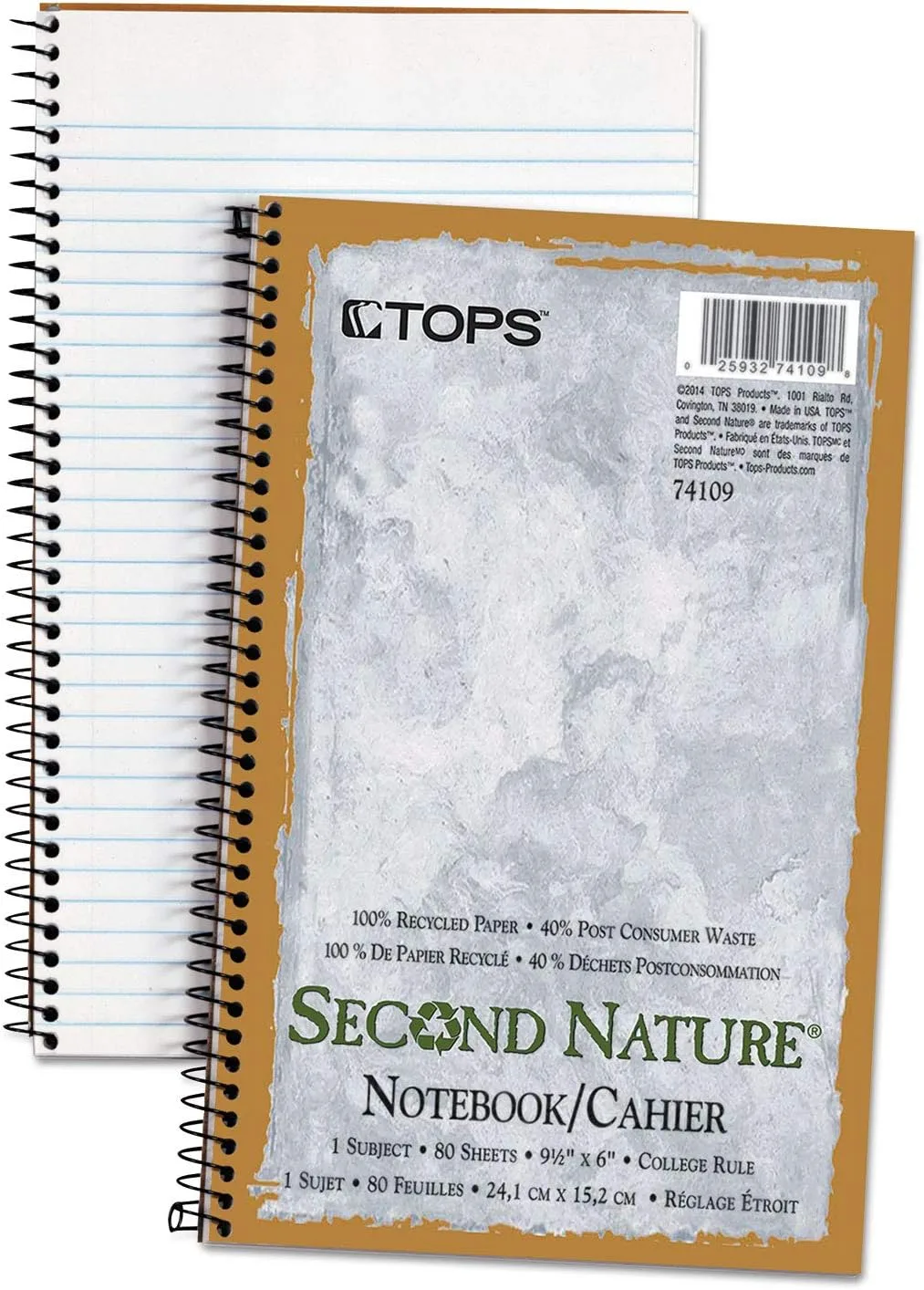 TOPS Second Nature Notebook, 9.5 x 6 Inch, College Ruled, 100% Recycled, 80 Sheets, Grey (74109)