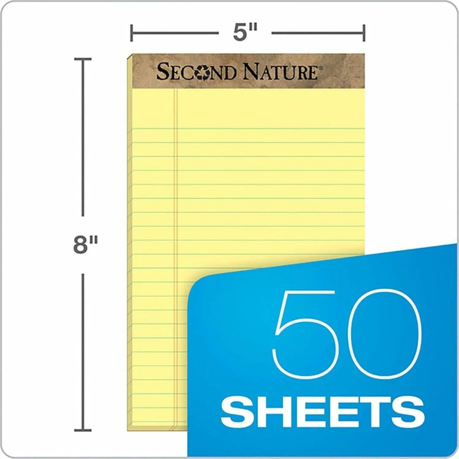 TOPS 74840 Second Nature Recycled Pads, Jr. Legal, 5 x 8, Canary, 50 Sheets (Pack of 12)