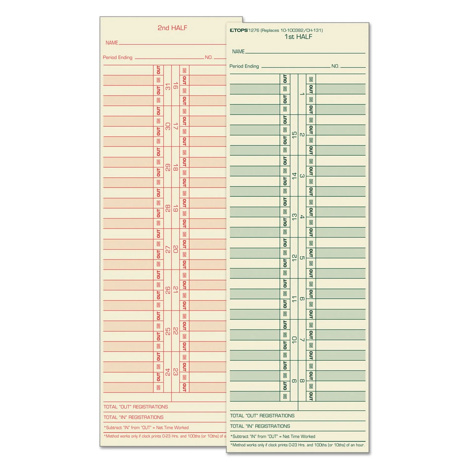 TOPS Time Cards, Semi-Monthly, 2-Sided, 3-1/2" x 10-1/2", Manila, Green/Red Print, 500-Count (1276)