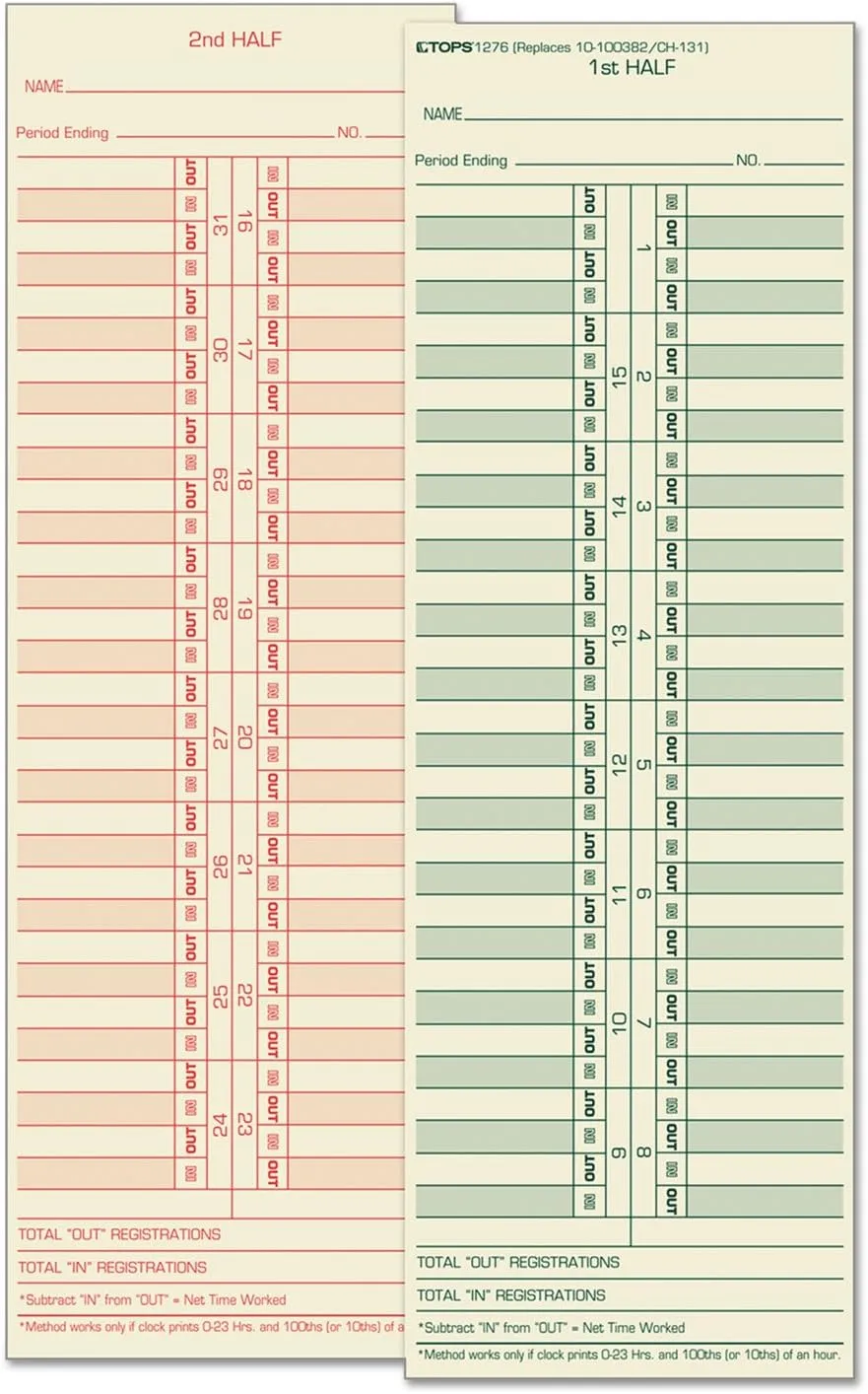 TOPS Time Cards, Semi-Monthly, 2-Sided, 3-1/2" x 10-1/2", Manila, Green/Red Print, 500-Count (1276)