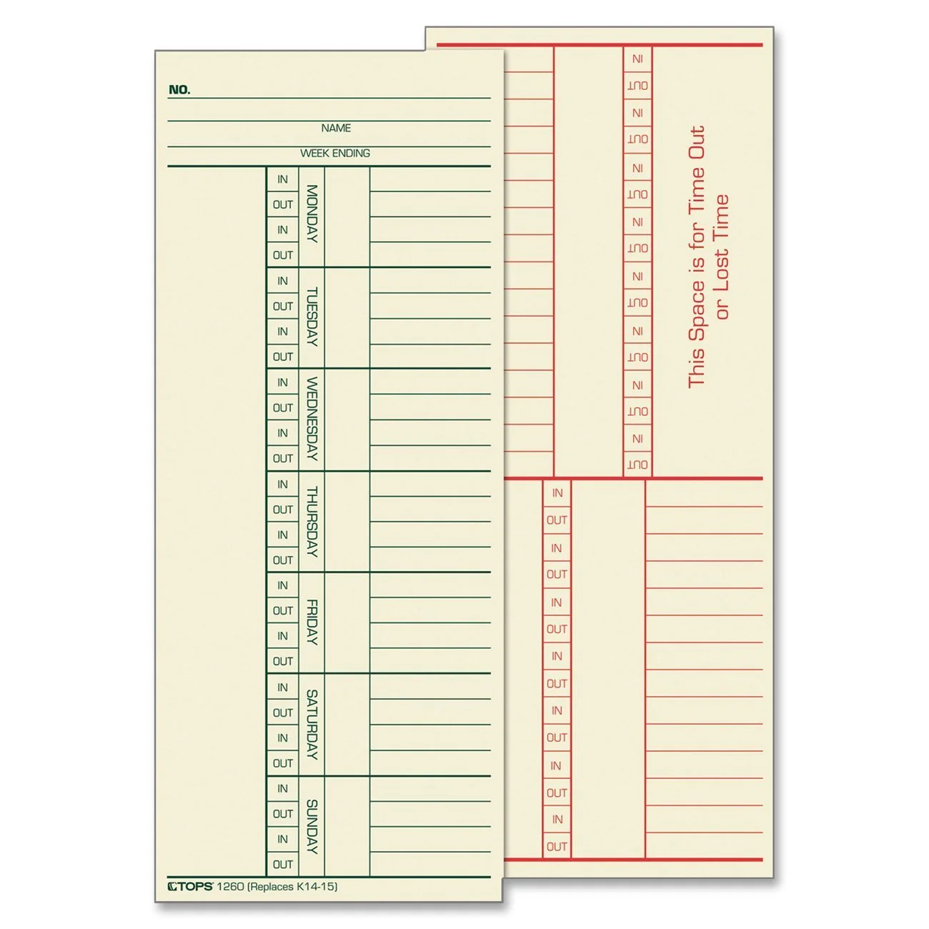 TOPS Time Cards, Weekly, 2-Sided, Named Days, 3-3/8" x 8-1/4", Manila, Green/Red Print, 100-Count (12603)