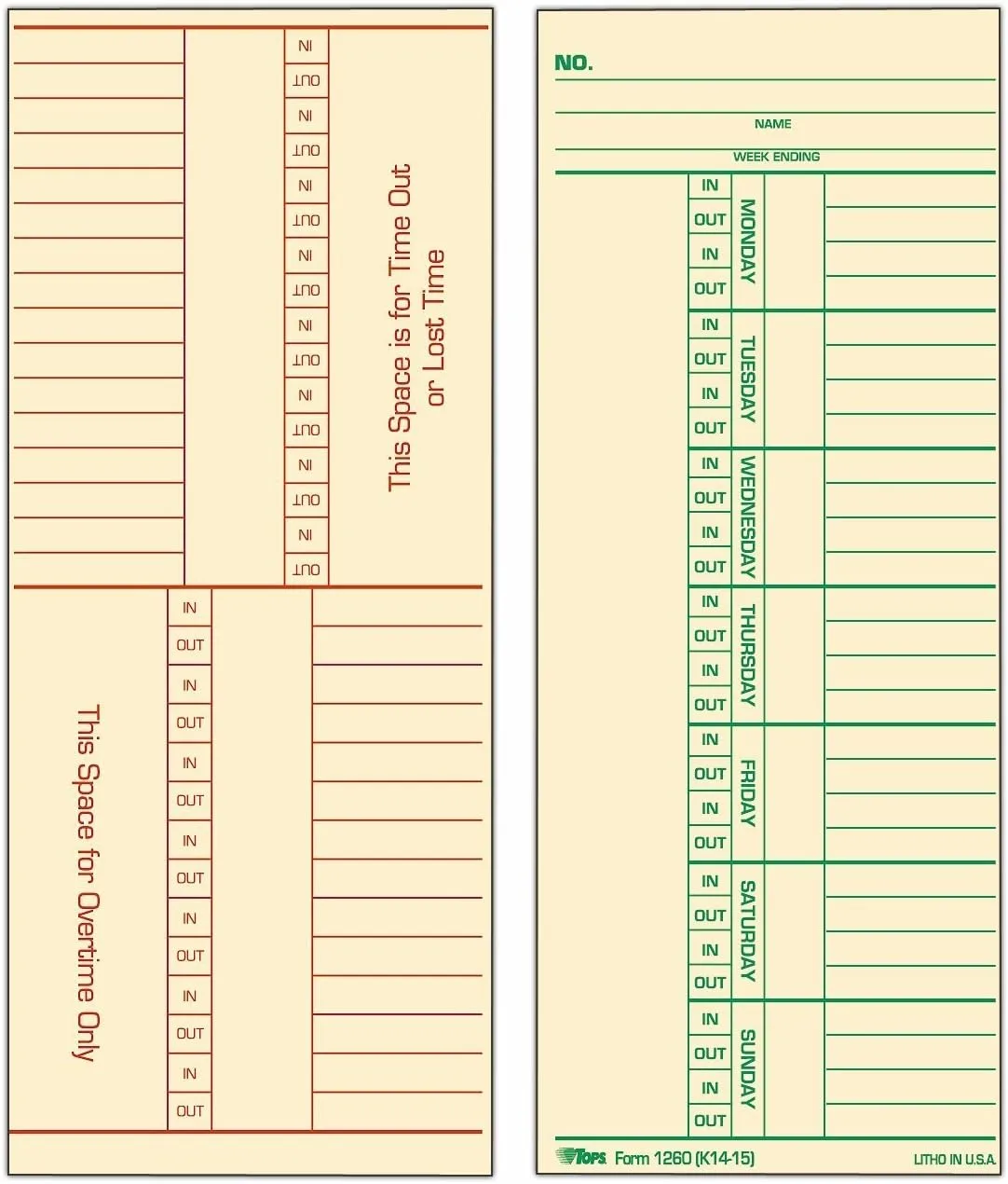 TOPS Time Cards, Weekly, 2-Sided, Named Days, 3-3/8" x 8-1/4", Manila, Green/Red Print, 100-Count (12603)