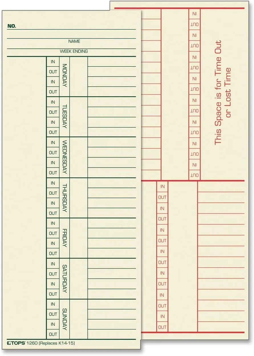 TOPS Time Cards, Weekly, 2-Sided, Named Days, 3-3/8" x 8-1/4", Manila, Green/Red Print, 100-Count (12603)