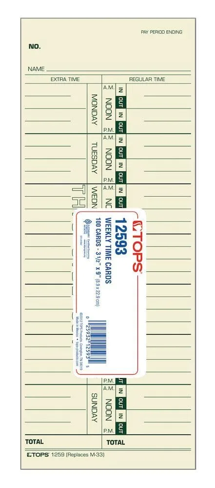 TOPS Time Cards, Weekly, 1-Sided, Replaces M-33, 10-800292, 3-1/2" x 9", Manila, Green Print, 100-Count (12593)