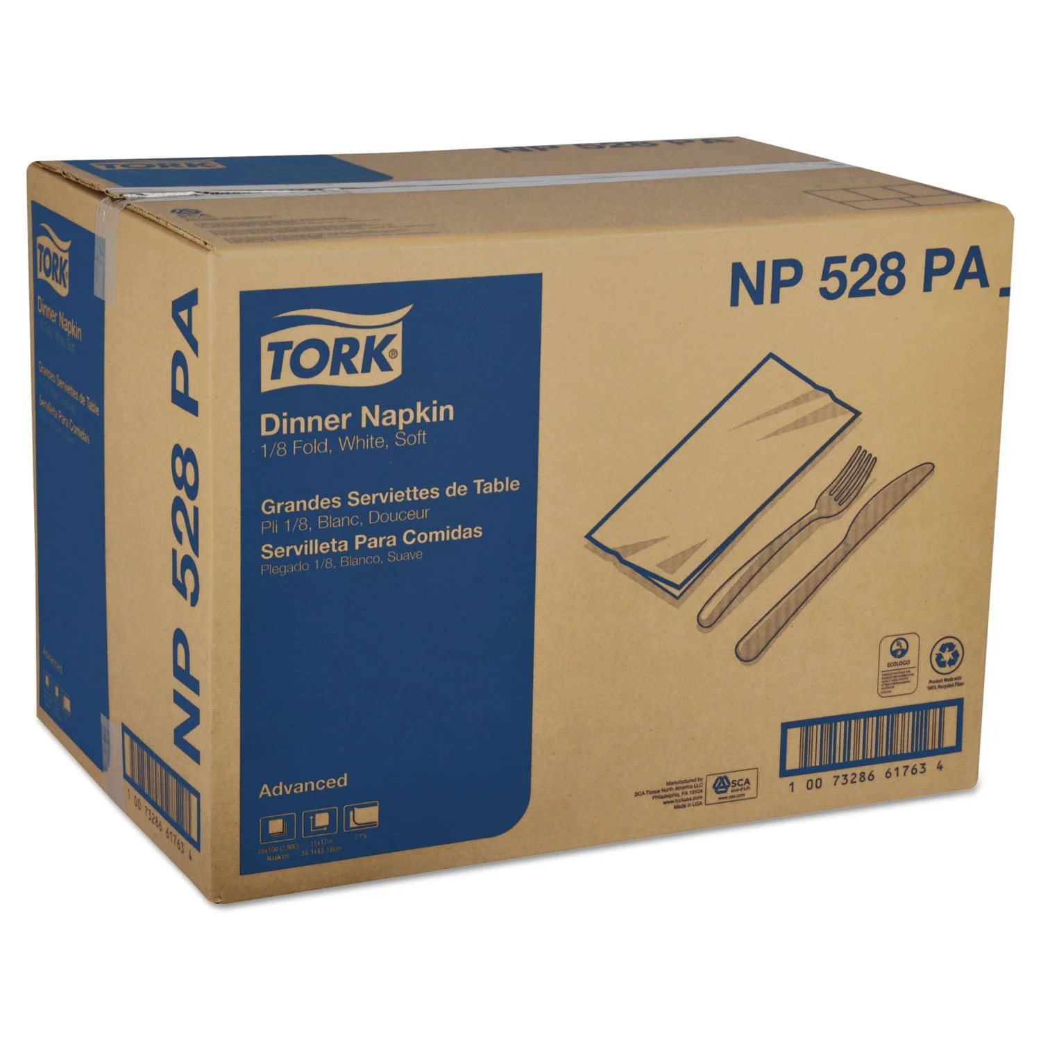 Tork NP528PA Advanced Dinner Napkins, 2-Ply, 15-Inch x 17-Inch, 1/8 Fold, White, 100/PK, 28 PK/CT (TRKNP528PA)