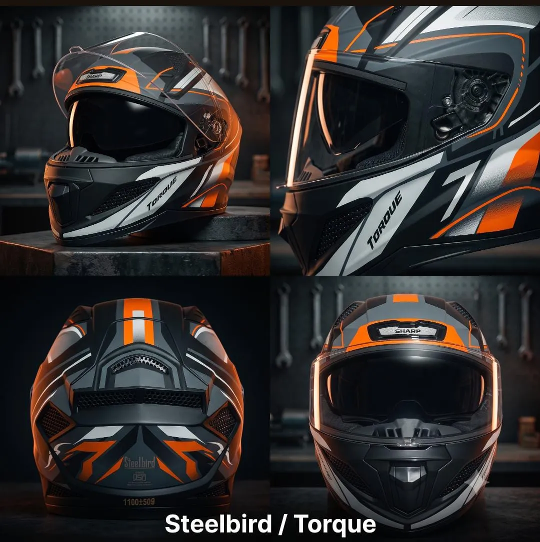 STEELBIRD SBH-25 SHARP ISS GLOSSY TORQUE BLACK/ORANGE WHITE C/V 600 MM