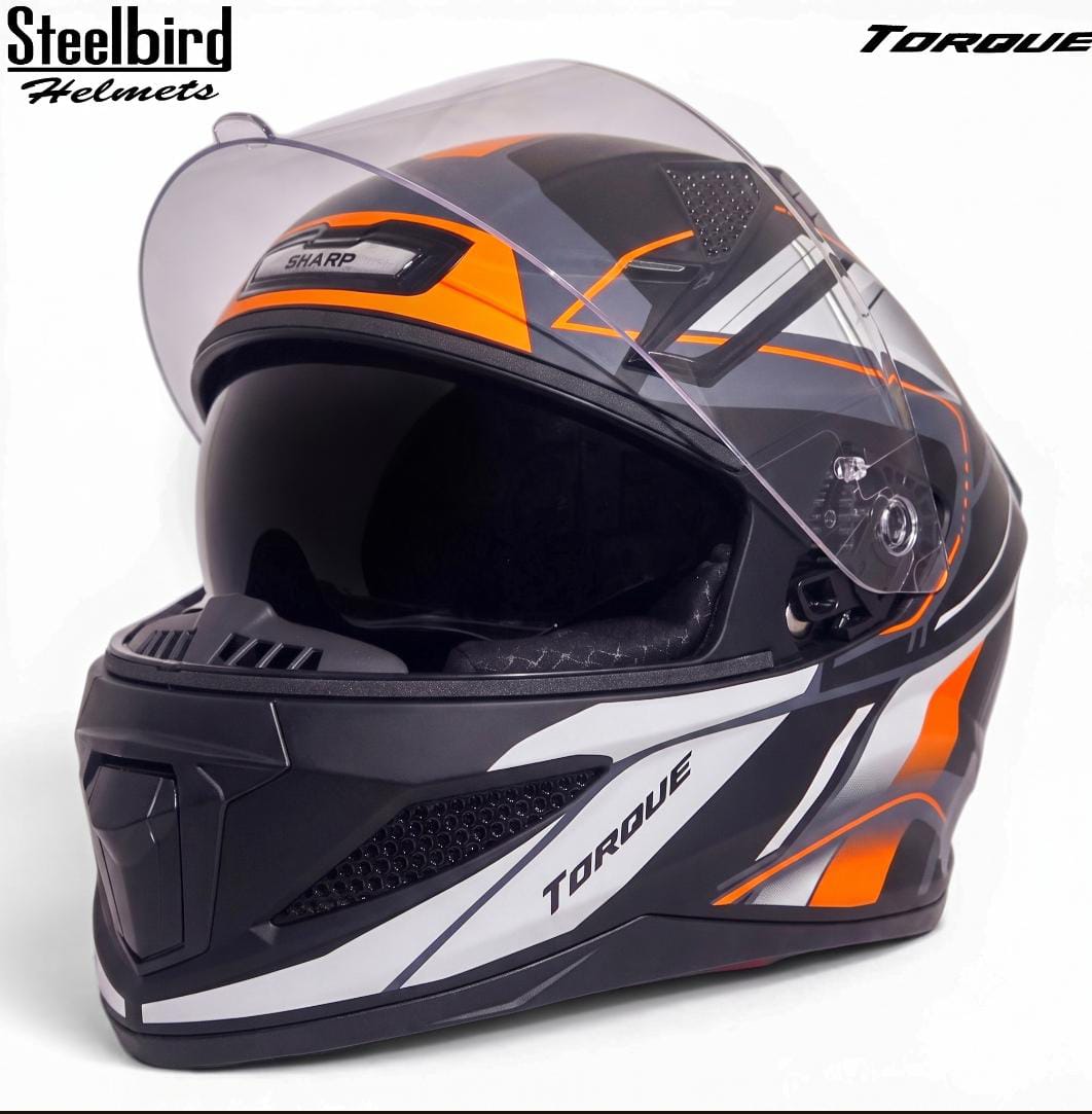 STEELBIRD SBH-25 SHARP ISS GLOSSY TORQUE BLACK/ORANGE WHITE C/V 580 MM