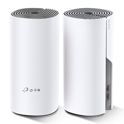 Two TP‑LINK Deco E4 AC1200 mesh Wi‑Fi units side‑by‑side in an office/home setup