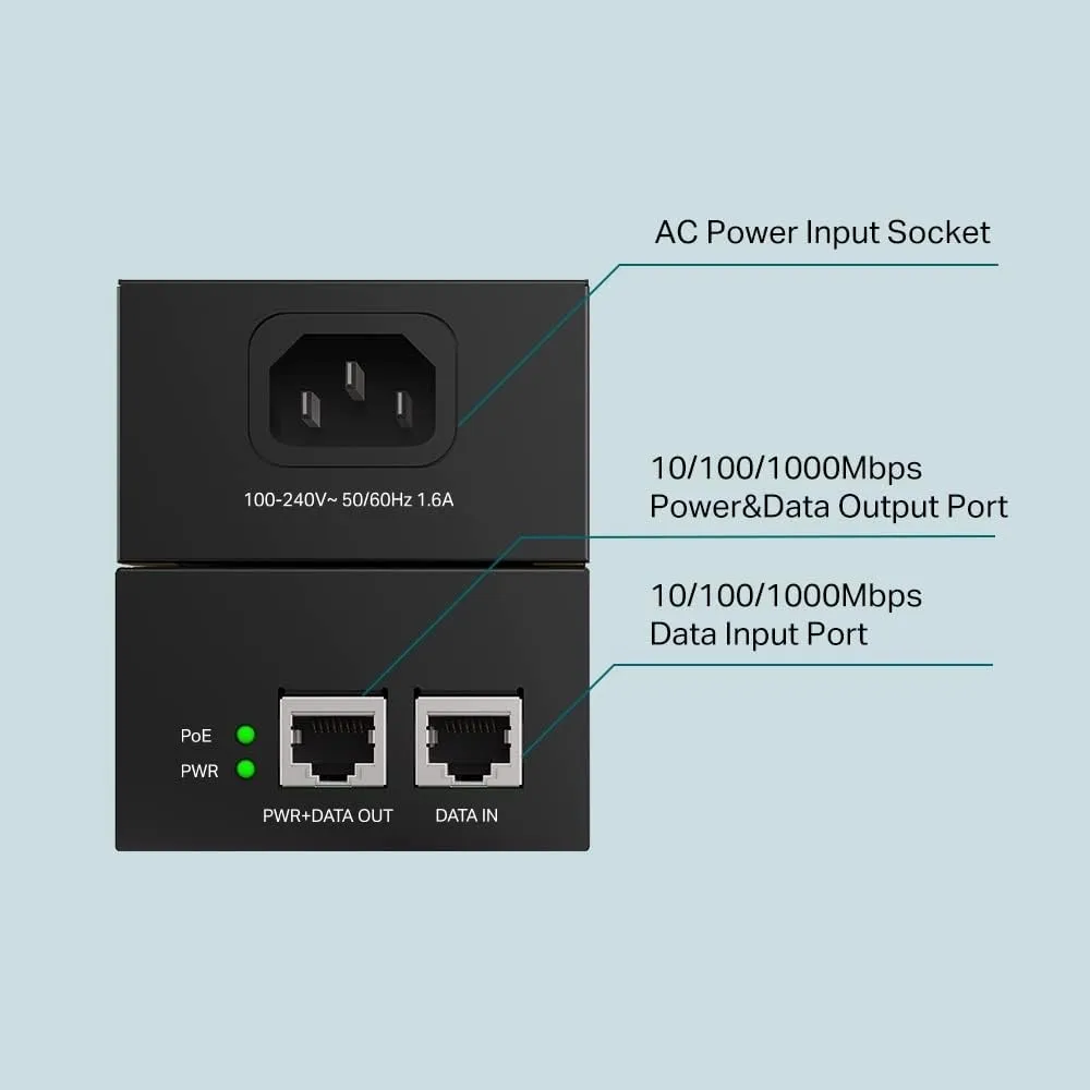 TP-Link TL-PoE170S 802.3at/af/bt Gigabit PoE Injector Non-PoE to PoE Adapter Supplies up to 60W (PoE++) Plug & Play Desktop/Wall-Mount Distance Up to 328 ft. UL Certified, Black