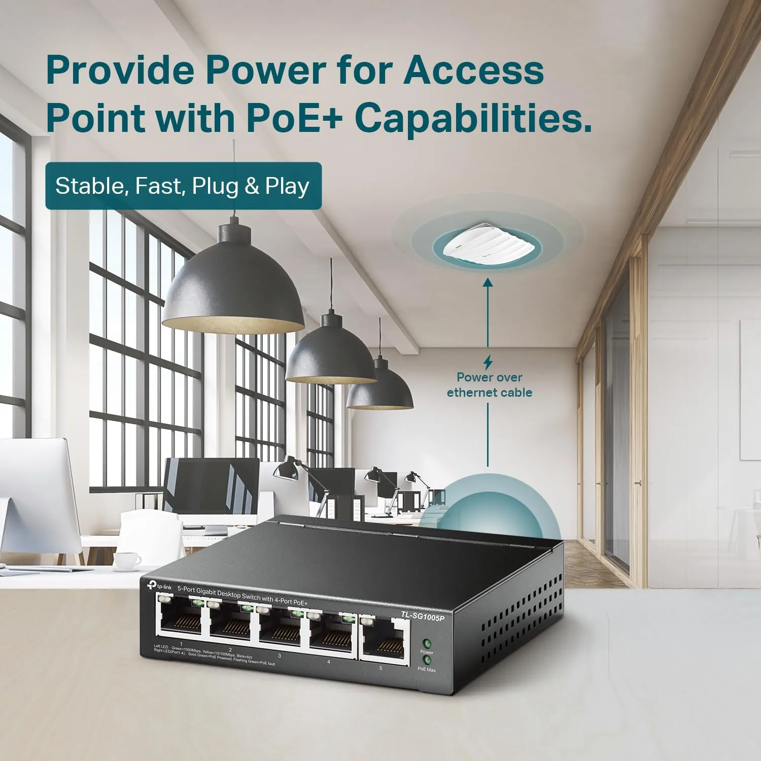 TP-Link TL-SG1005P, 5 Port Gigabit PoE Switch, 4 PoE+ Ports @65W, Desktop, Fanless