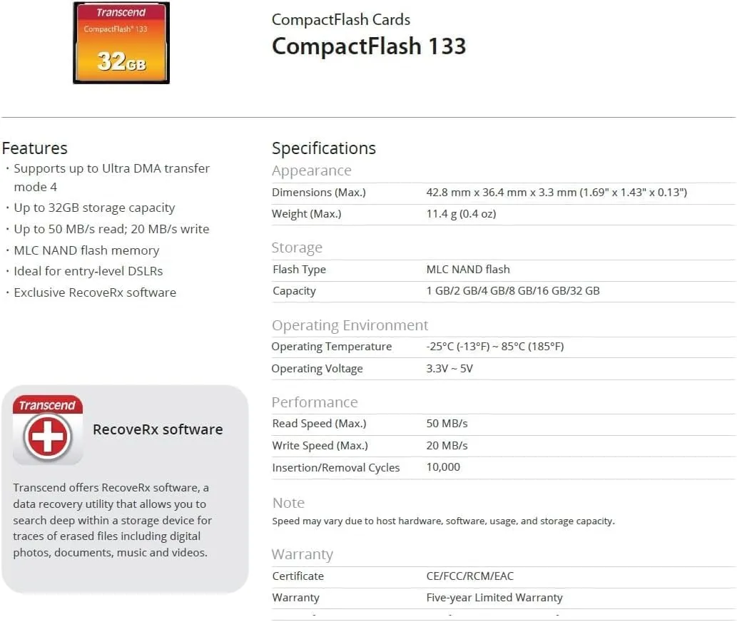 Transcend 133x CompactFlash Memory Card (CF133)
