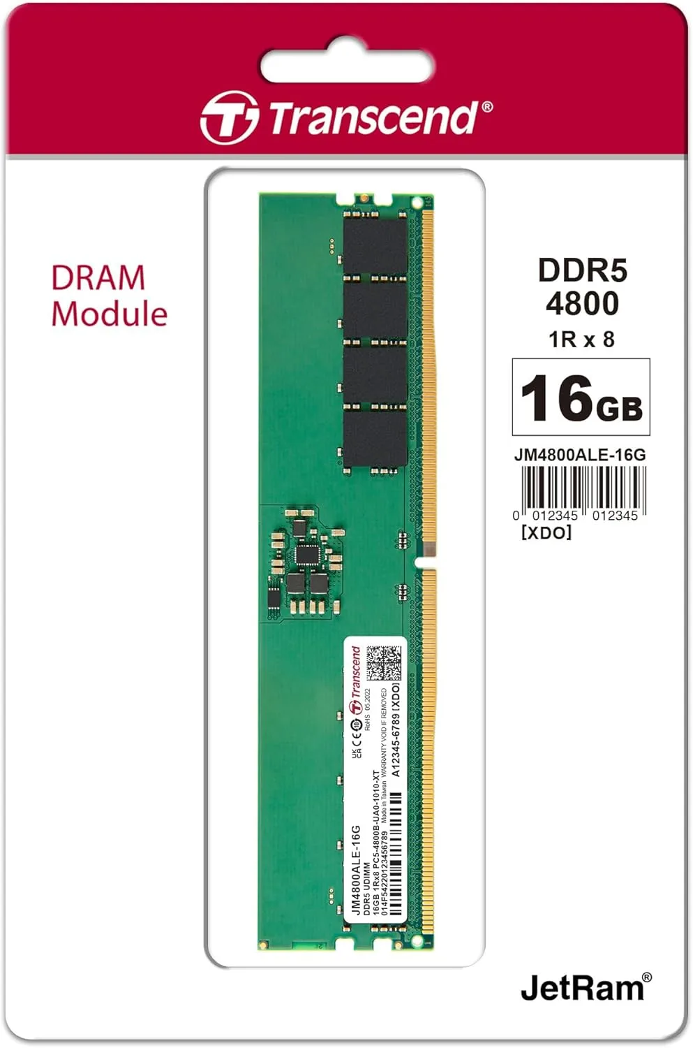 TRANSCEND 16GB DDR5 UDIMM Desktop RAM Module, On-die ECC, 288-pin, 1.1V