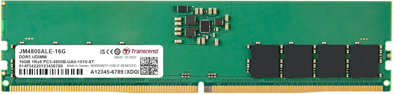 TRANSCEND 16GB DDR5 UDIMM Desktop RAM Module, On-die ECC, 288-pin, 1.1V