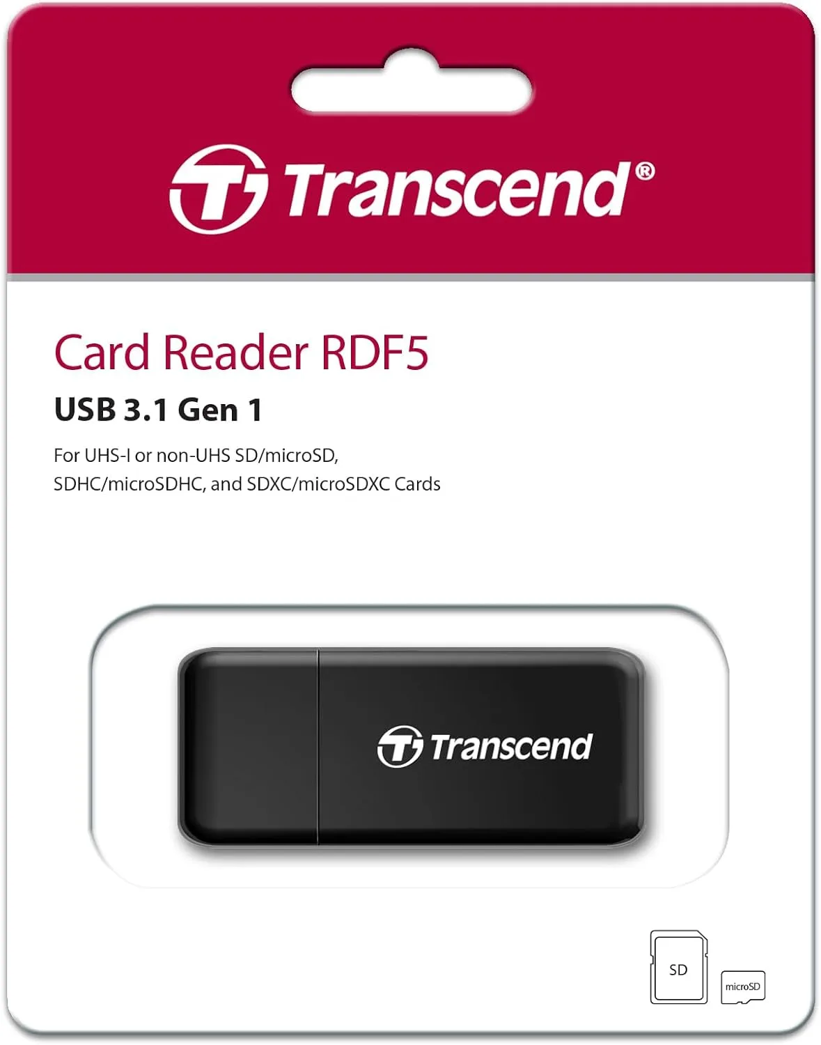 Transcend USB 3.1 2-in-1 Card Reader, for SDHC / SDXC / micro SDHC / micro SDXC / micro SD, UHS-I Cards, Black - TS-RDF5K