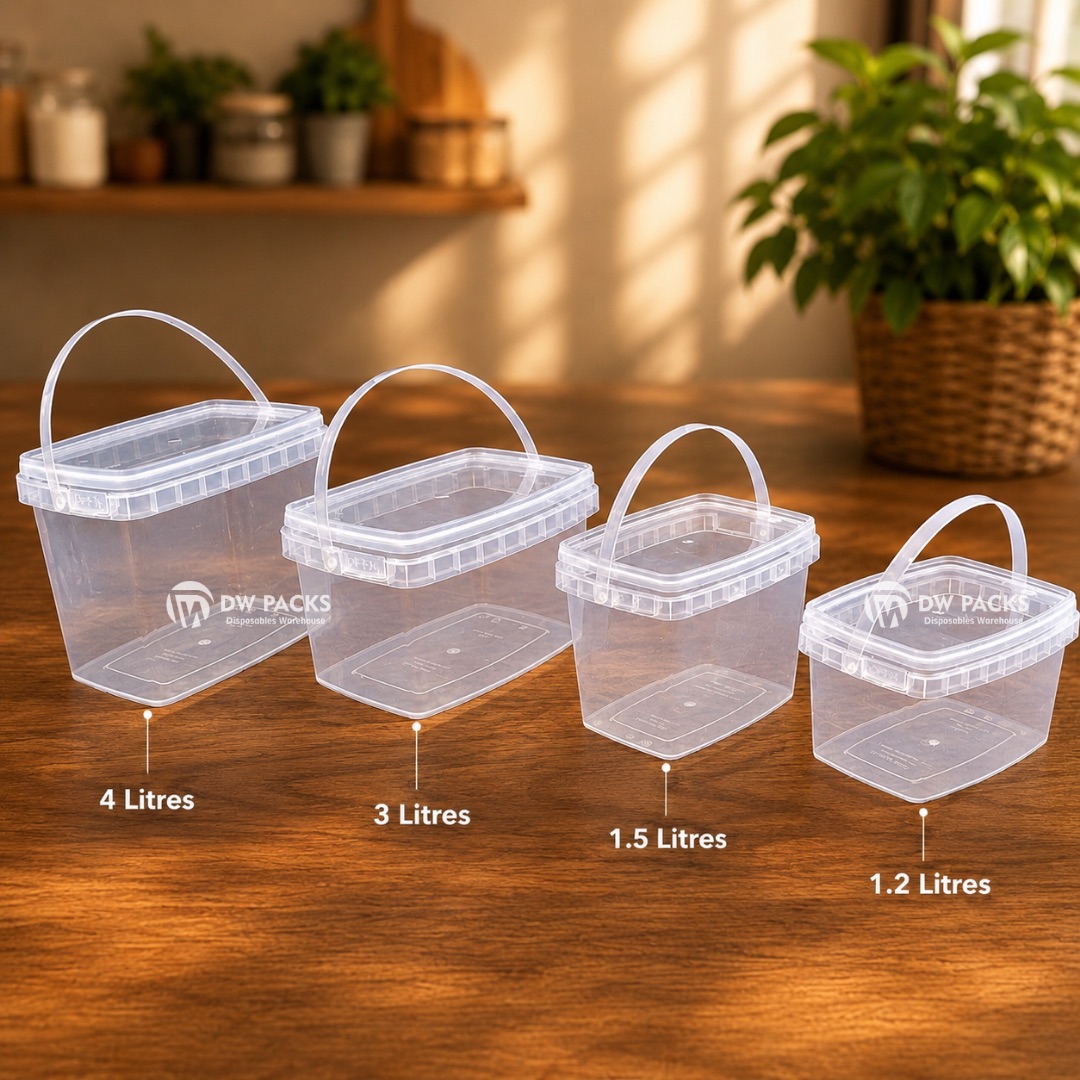 BIG TRANSPARENT SQUARE TAMPER PROOF BUCKETS (1.2L/1.5L.3L/4L)