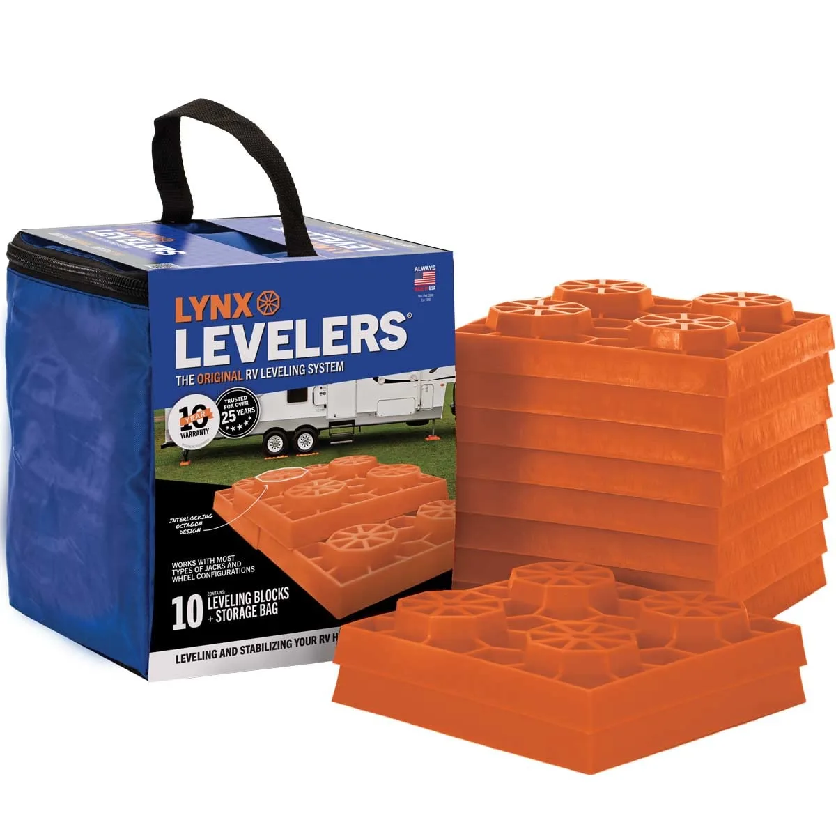 Tri-Lynx Lynx Levelers RV/Trailer/Motorhome Interlocking Leveling Blocks 10 Pack Orange