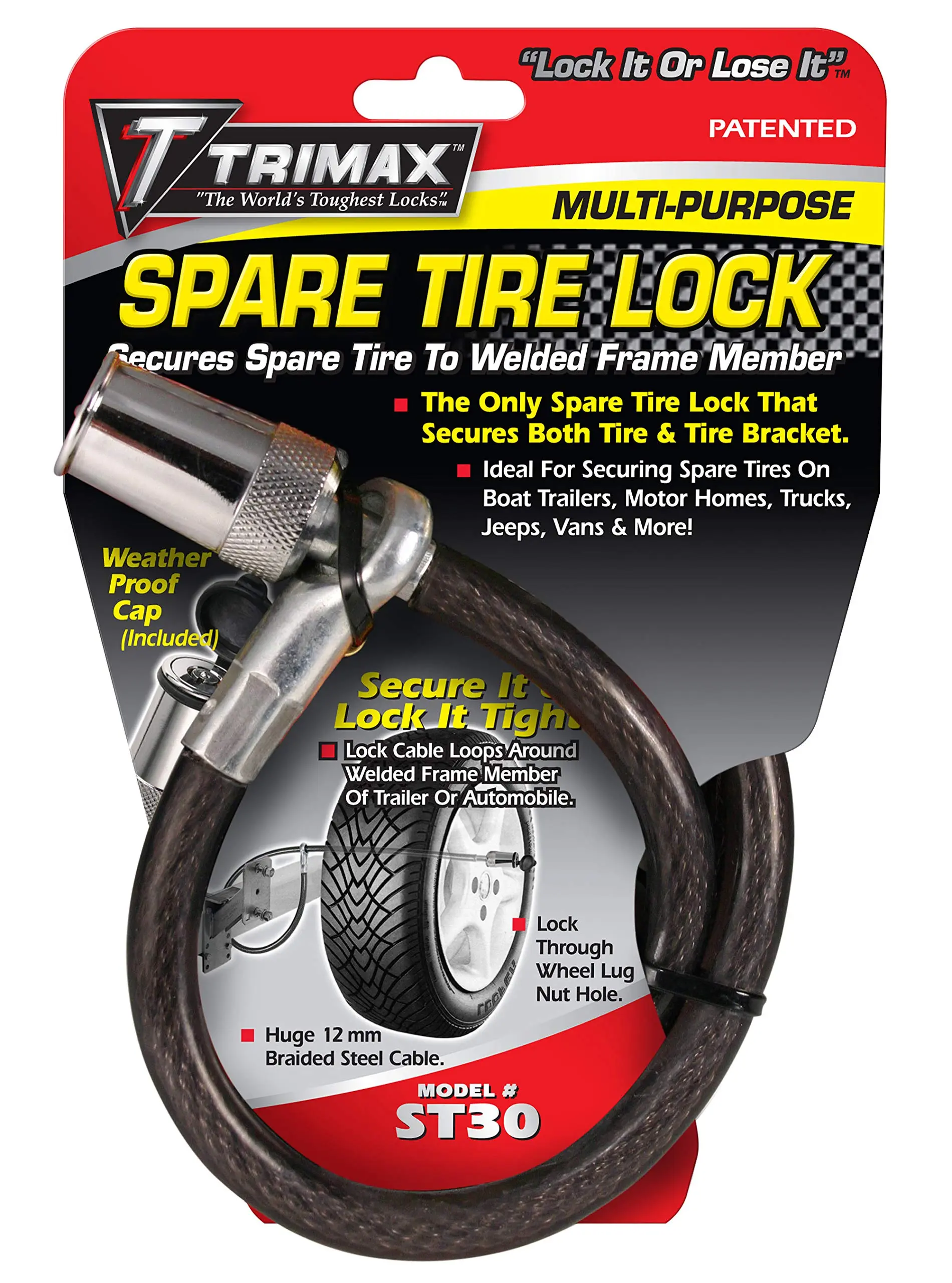 TRIMAX ST30 - Trimaflex Spare Tire Cable Lock (Round Key) for Boat Trailers, Motor Homes, Trucks, Jeeps, Vans, More - 36" x 12mm - Black/Chrome