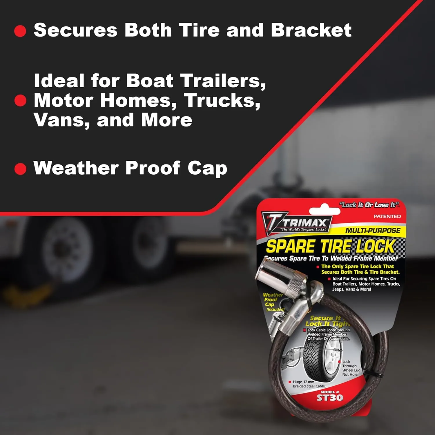TRIMAX ST30 - Trimaflex Spare Tire Cable Lock (Round Key) for Boat Trailers, Motor Homes, Trucks, Jeeps, Vans, More - 36" x 12mm - Black/Chrome