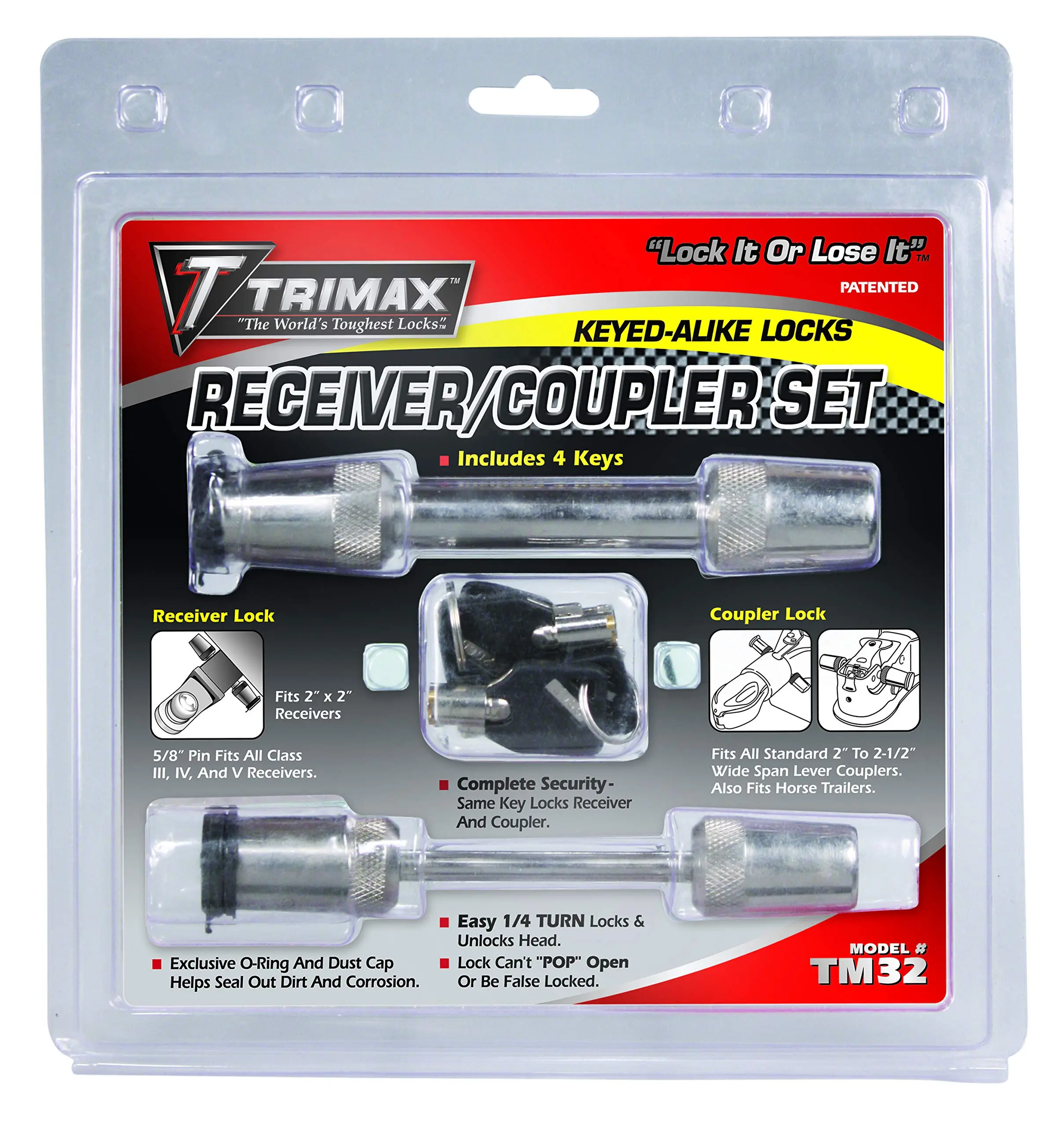 Trimax T3-5/8 Receiver & Tc2-2-1/2 Span Coupler Lock-Keyed Alike Set TM32, Clam Packaging, Chrome