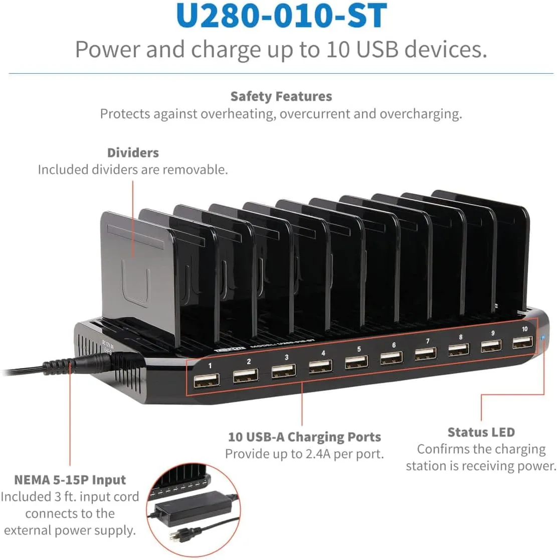 TRIPP LITE USB Charging Station with Storage and Adjustable Brackets