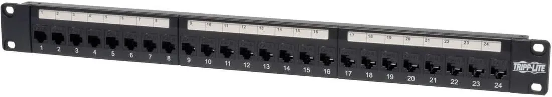 Tripp Lite 24-Port Cat6 / Cat5 Ethernet Patch Panel, Feedthrough Patch (RJ45 to RJ45), 1U Rackmount, Cable Management Bar