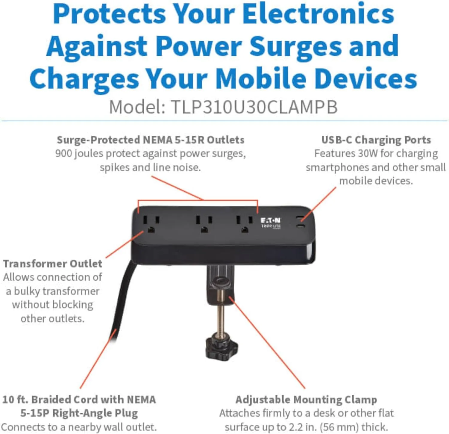 Eaton Tripp Lite Series Desk Clamp Power Strip Surge Protector
