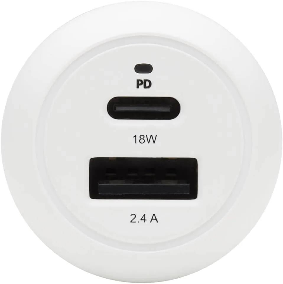 Tripp Lite USB Car Charger Dual-Port USB C 18W, USB-A 12W w/Lightning Cable (U280-C02-30W-K)