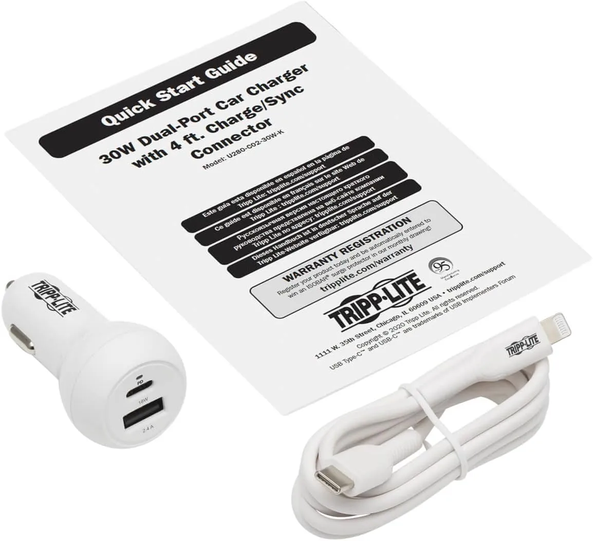 Tripp Lite USB Car Charger Dual-Port USB C 18W, USB-A 12W w/Lightning Cable (U280-C02-30W-K)