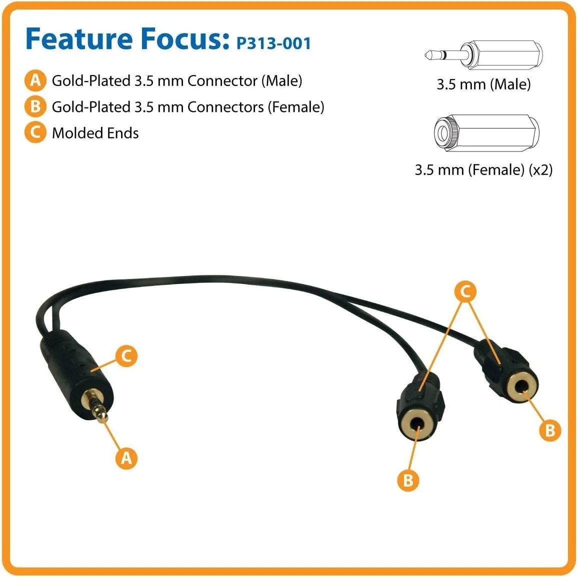 Tripp Lite 3.5mm Mini Stereo Cable adapter Y Splitter for Speakers and Headphones (M to 2x F) 1-ft.(P313-001)