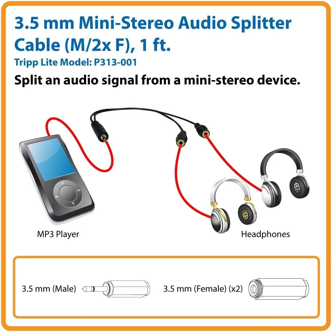 Tripp Lite 3.5mm Mini Stereo Cable adapter Y Splitter for Speakers and Headphones (M to 2x F) 1-ft.(P313-001)
