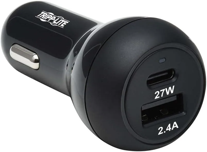 Tripp Lite USB Car Charger, 39W Dual Port USB Car Charger, USB-C 27W PD 3.0, USB-A 12W, Black (U280-C02-39W-1B)