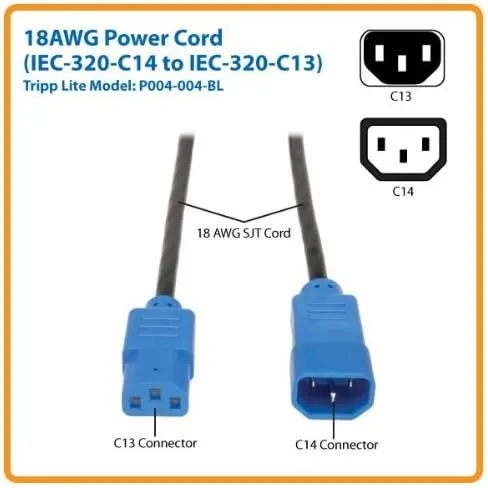Tripp Lite Standard Computer Power Extension Cord 10A, 18AWG (IEC-320-C14 to IEC-320-C13) 4-ft.