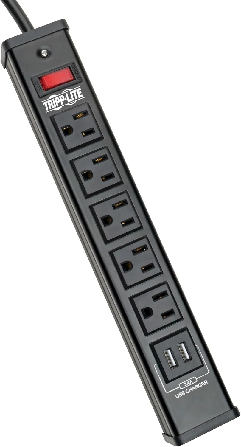 Tripp Lite 5 Outlet Surge Protector Power Strip, 6ft Cord, 450 Joules, 2 USB Charging Ports, Led