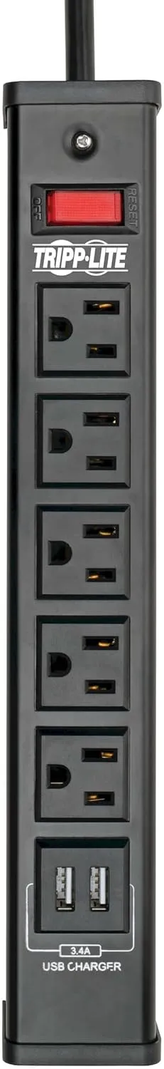 Tripp Lite 5 Outlet Surge Protector Power Strip, 6ft Cord, 450 Joules, 2 USB Charging Ports, Led