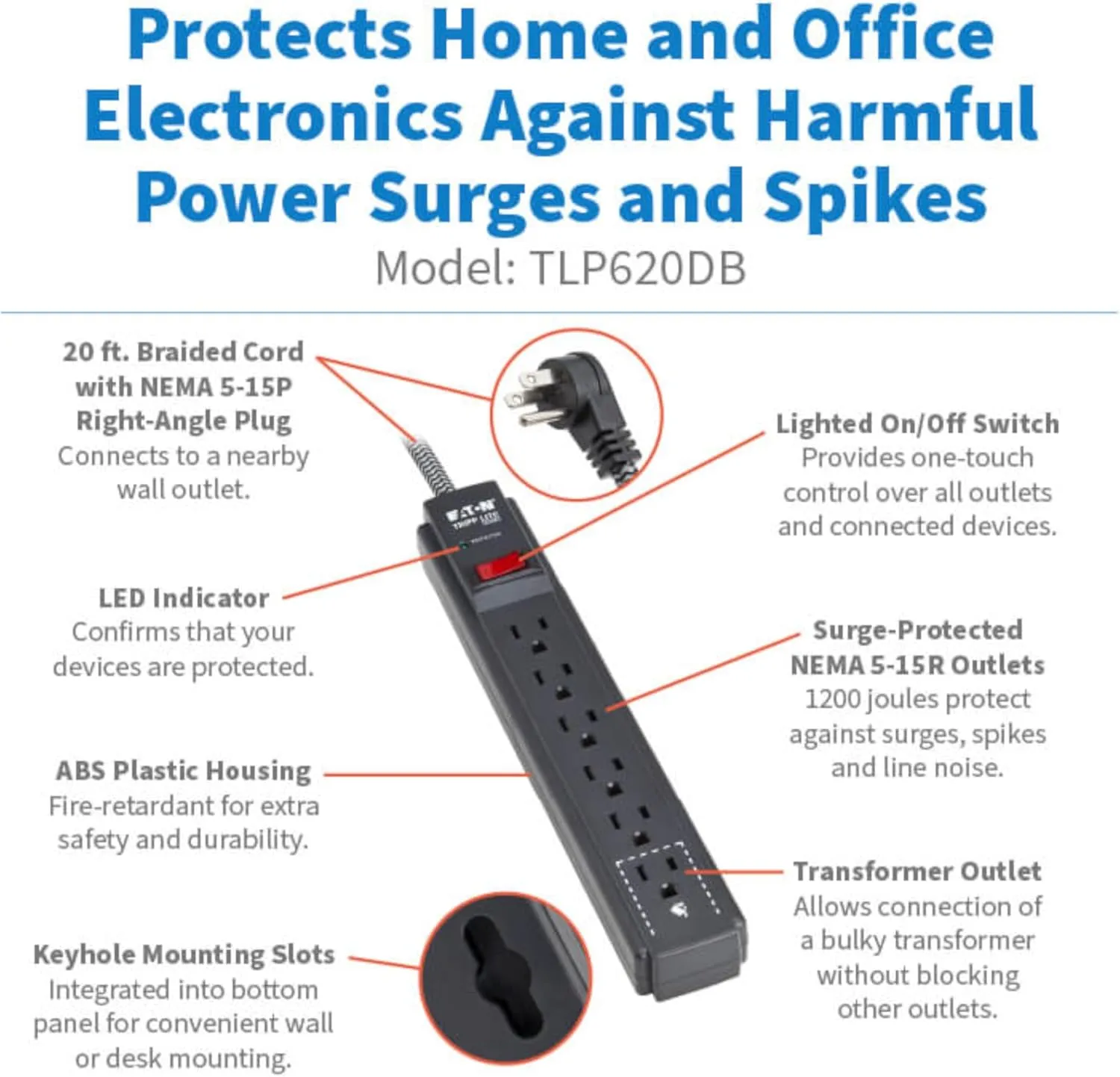 Eaton Tripp Lite Series 6-Outlet Surge Protector Power Strip, Flat Plug 20ft Braided Extension Cord, 1200 Joules